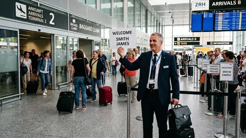 Meet & Greet am Flughafen Zürich Ihr Fahrer mit Namensschild in der Ankunftshalle am Flughafen Zürich